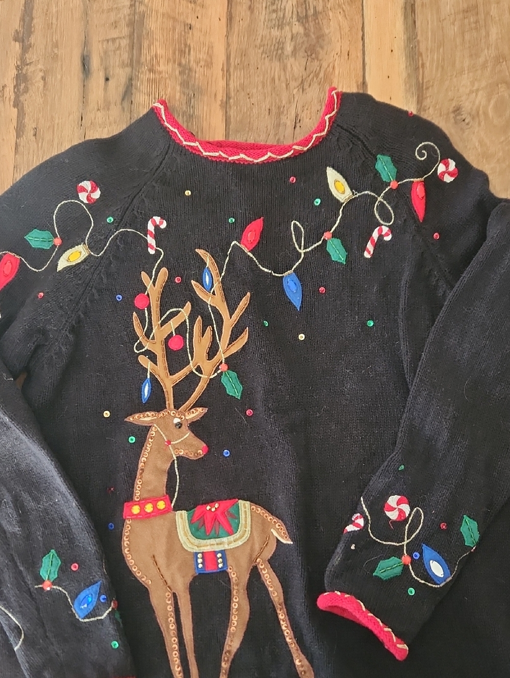 Women's Black Reindeer Embroidered Crewneck Sweater